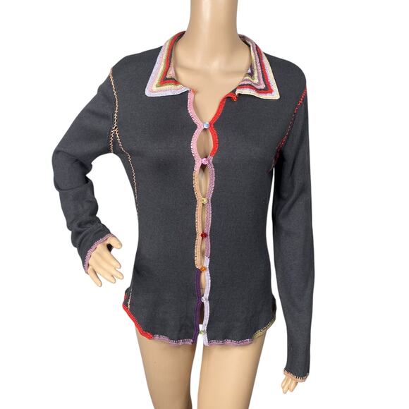 Vtg Y2K Relais Gray Colorful Crochet Stitch Elbow Patch Cardigan SZ M - Picture 1 of 9